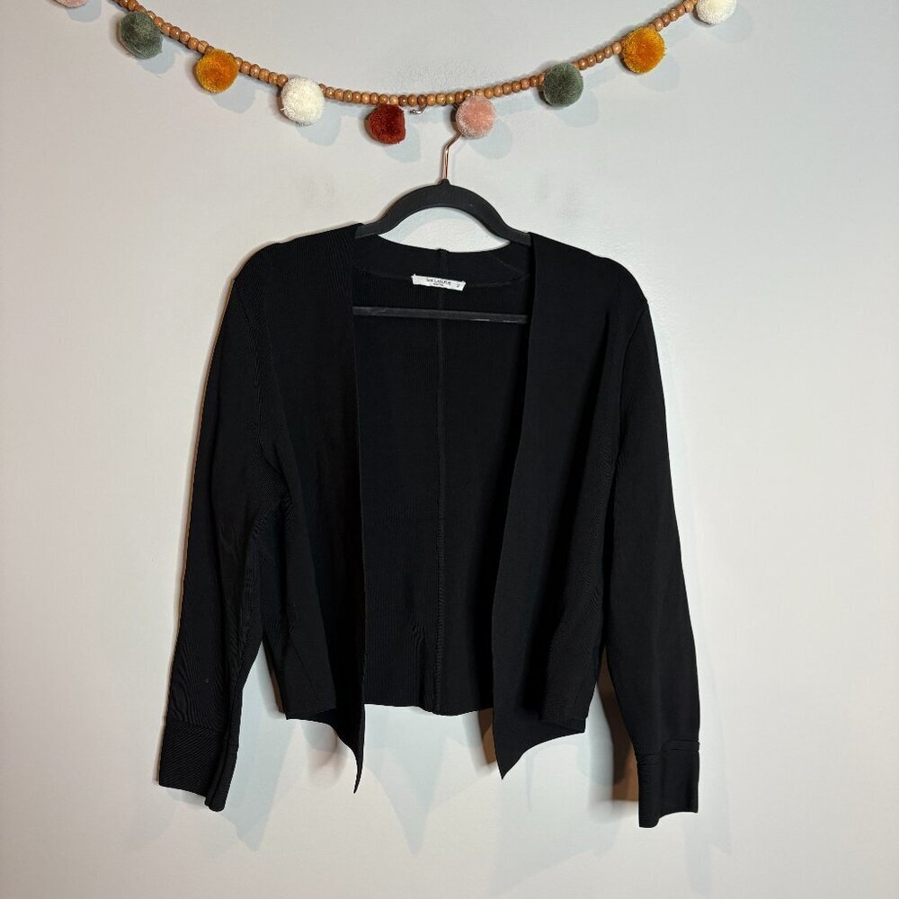 M.M. LaFleur black ribbed open cardigan top